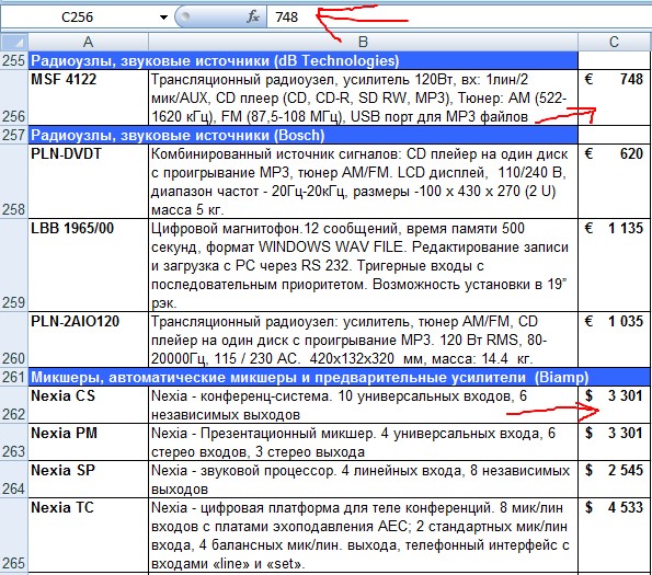 Пример прайс-листа.