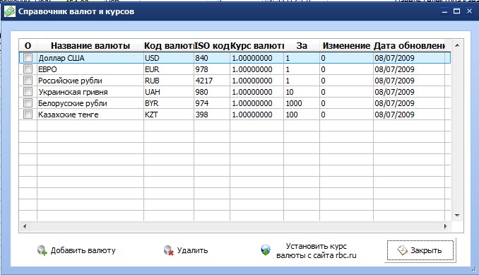 Вид справочника валют и курсов